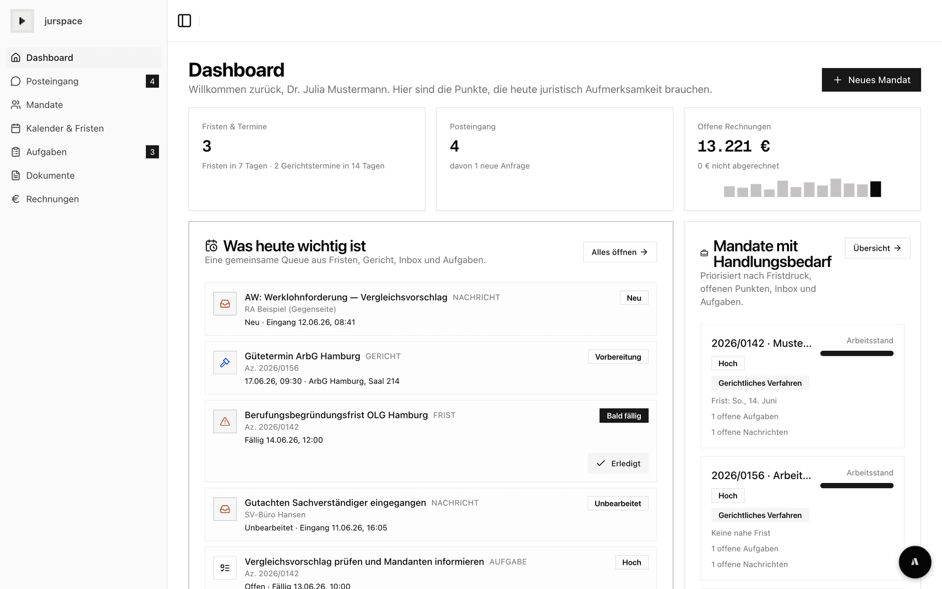 jurspace Dashboard — Fristen, Posteingang und Mandate mit Handlungsbedarf auf einen Blick