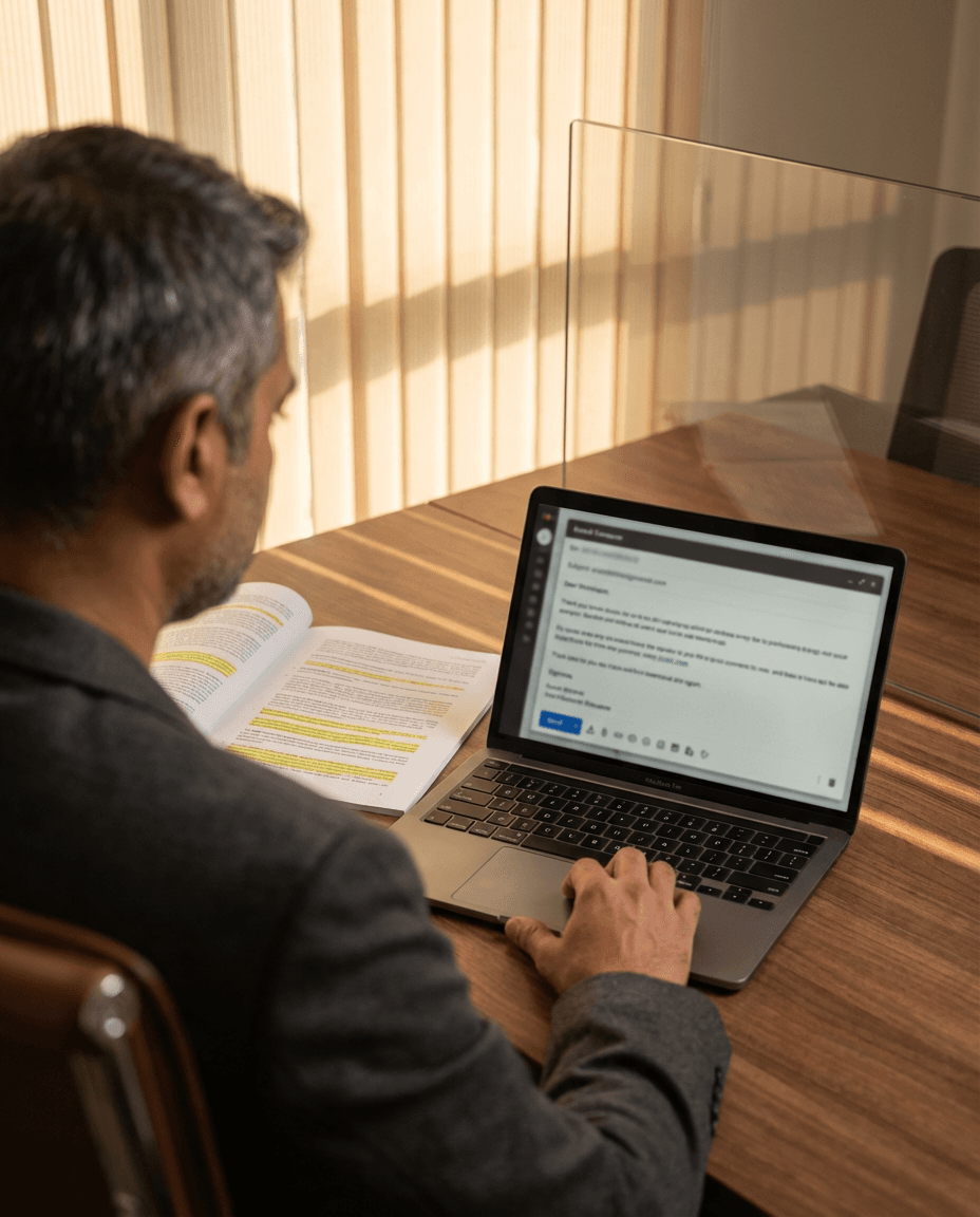 Anwalt verfasst E-Mail am Laptop neben markiertem Dokument